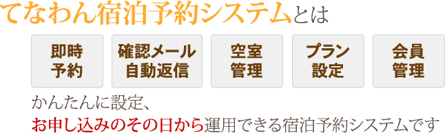 てなわん宿泊予約システムとはかんたんに設定、お申込みのその日から運用できる宿泊予約システムです